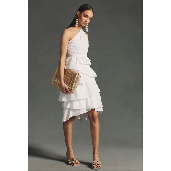 NEW By Anthropologie White One-Shoulder Tiered Ruffle Bridal Midi Dress Size 2 - Picture 3 of 5